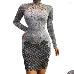 Stage Wear Sier Sparkling Diamonds Plaid Knee-Length Long Sleeve Dress Lady Party Evening Costume Hostess Performance Drop Delivery Ap Dhegh