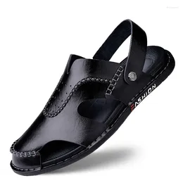 Sandals 2024 Summer Men Black Hollow Out Baotou Leather Outdoor Soft Sole Leisure Beach Luxury Designer Slippers Shoes