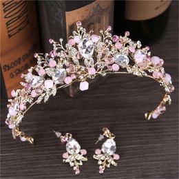 2018 Luxury Pink Bridal Crown Sparkly Beaded Crystals Royal Pearl Wedding Crowns Silk Flower Bridal Hair Accessories tiara de noiv252u