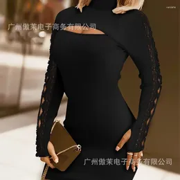 Casual Dresses Spring 2024 Autumn Dress Women's Solid Color Turtleneck Slim Fit Sexy Long Sleeve Lace Hollow Out Mini