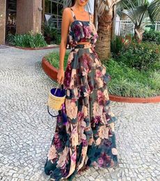 Two Piece Sets Summer Sleeve Crop Top Ruffle Layered Skirt Retro Floral Print Women Sets Boho Maxi Casual Suits Purple Dress9448394