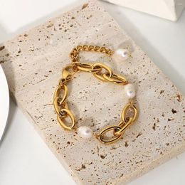 Charm Bracelets 18K Gold-plated Stainless Steel Baroque Freshwater Bracelet 12mm Oval Chain Short Fat Jewellery For Girls