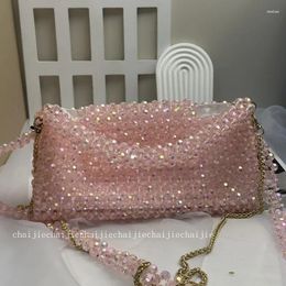 Evening Bags Winter High Grade Beaded Ladies Handbag Colorful Pink Flap Handwoven Magnetic Buckle Inner Bag Chain Women's Crossbody