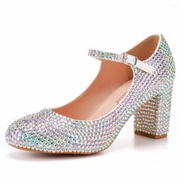 Dress Shoes 7cm Thick Heel Round Head Lolita Bride Wedding Women Block Heels Rhinestones Silver