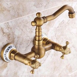 Bathroom Sink Faucets Household El Wall Faucet Copper Material Double Handle Single Hole Standard Seat Diameter Kitchen And Cold Water