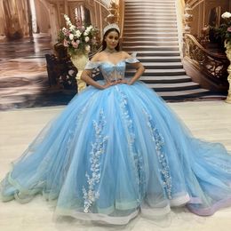 Sky Blue Quinceanera Dress Off the Shoulder Ball Gown 3D Flowers Lace Applique Beading Rhinestones Sweet 16 Vestidos De 15 Anos