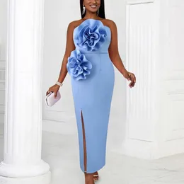 Casual Dresses Elegant Blue For Women Off The Shoulder Ruffles Side Split Ankle Length Luxury Female Birthday Party Dinner Vestidos