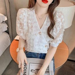 Women's Blouses Clothes Button Up Womens Shirt & Blouse V Neck Tops For Women Lace Transparent Short Sleeve See-through S Cute And Elegant