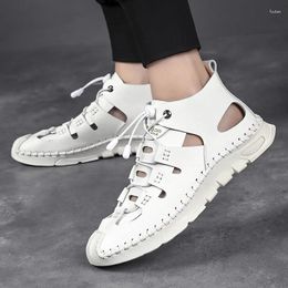 Sandals Summer White High-top Roman Men Gladiators Lace Up Buckle Leather Casual Shoes Breathable Beach Outdoor Slippers