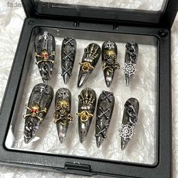 False Nails Handmade Halloween False Nails Tips Glittery Punk Skull Press On Nail Y2K Long Stiletto Coffin Reusable Fake Nail With Glue Gift Q240122