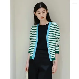 Women's T Shirts Spring And Summer Ultra-fine Cotton Retro Collision Striped V-neck Cardigan Knitted Shirt Female Embroidery Casual Tops