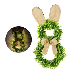 Decorative Flowers Easter Bunnys Wreath With Lights Bowknot And Flower Window Door Ornament Drop