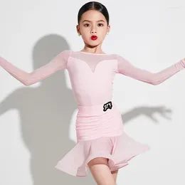 Stage Wear Girls Latin Dance Clothes Long Sleeves Pink Dress Performance Clothing Rumba Cha Costume Practice DNV19145