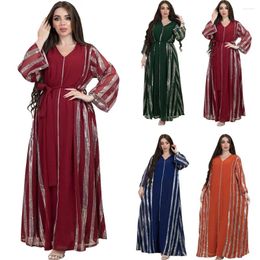 Ethnic Clothing Morocco Abaya Women Dress Stripes Sequins Chiffon Maxi Summer 2024 V-neck Long Sleeve Loose Oman Turkey Dubai Muslim Robe