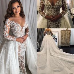 Stunningbride 2024 Middle East Mermaid Wedding Dresses with Detachable Train Plus Size Sheer Long Sleeves Lace Applique African Wedding Gowns