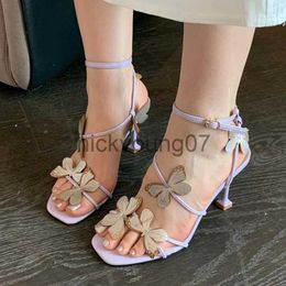 Sandals Butterfly Purple High Heeled Sandals Women 2023 Summer Casual Square Toe Sandals Woman Thin Heels Ankle Straps Party ShoesJ240122