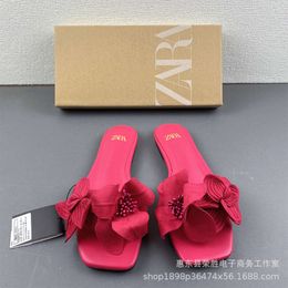 ZA 2023 Summer New Product Women's Shoes Rose Red Flower Decorative Leather Flat Sandals Comfortable Wearing Outsiders - Slippers for Women