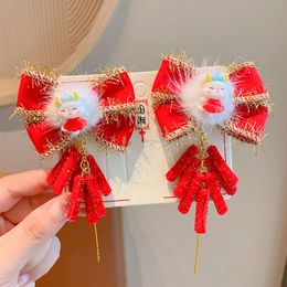 Chinese Children's Clip Ancient Style Red New Year Little Bow Hair Accessory Girl Plush Head wear