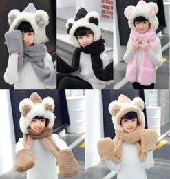 Unisex Girls Beanies Cap Set Baby Kids 3PCS Cute Ear Bow Scarf Hat Glove Sets Flannel Children Winter Warm Scarfs And Shawl4486486