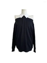 Women's Blouses Strapless Knit Top Neckline Splicing Color Collision Design Casual Fashion 2024 Fall 1125