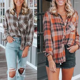 Women's Blouses Autumn Winter Casual Womens Loose Lapel Collar Print Geometry Plaid Shirts Long Sleeve Single-Breasted Ladies Camisas De