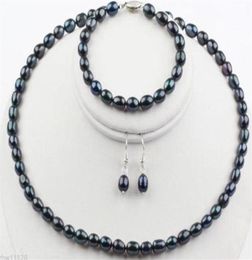 78mm Natural Black Rice Freshwater Pearl Necklace Bracelet Earrings Jewellery Set243r8660920