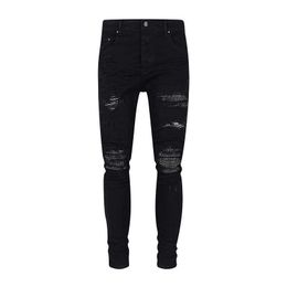 Men's Jeans Mens Off Trendy Black Bull Set with Diamond Elastic Wash Perforated and Womens Long Pants American High Street Instagram