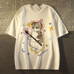 Men's T Shirts American Retro Kitten Printed Graphic T-shirt For Men And Women Pure Cotton Trend Short Sleeved Couple Loose Hip-hop Top Y2k