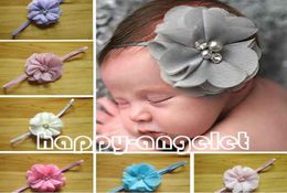 40pcs 3quot Chiffon hair bow flower hair accessories kids baby pearl lace applique stretchy Ropes Elastic Headband skinny hair b8924664