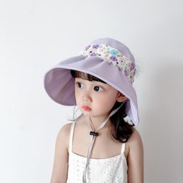 Flower Print Kids Sun Hat Summer UV Protection Hats For Children Baby Empty Top Big Brim Floppy Beach Cap4259071