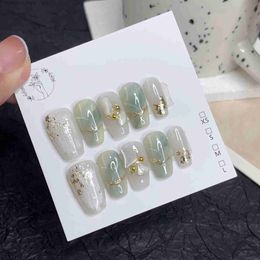 False Nails Handmade Press On Nails Green Cloud Jade Medium Square Gradient Pure Desire Removable White Gentle with Elegant.No.24601 Q240122