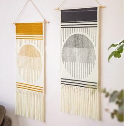 Nordic Style Home Boho Decor Cotton Tassel Handmade Woven Wall Hanging Tapestry Colourful Printing Hand Knotted Wall Decoration 240118