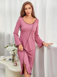 Women's Sleepwear Lettuce Trim Women Nightgown Solid Long Sleeve Side Split Scroop Neck Nightwear Female Fall Homwear Pyjama Dress