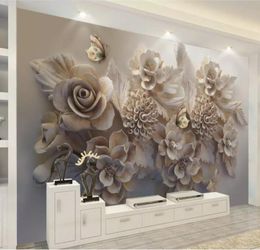 wallpapers for living room Beautiful threedimensional relief 3D flower butterfly TV background wall1965097