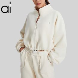 AL Yoga-Sweatshirts Kurz geschnittene Cozy Day-Jacken mit durchgehendem Reißverschluss Leicht bauschige Sherpa-Mäntel Kurze Winterjacke aus Polarfleece Slouchy Stehkragenpullover Silber li