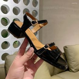 Dress Shoes Women's Fashion Ankle Strap Mid Heel Pumps 2024 Summer Brand Square Toe Patent Leather Sandals Woman Simple Office Ladies