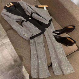 2024 Women's Two Piece Pants 2pcs V-Neck Bling Sequins Matching Outfits Haute-couture Women Lady Office Business Uniform Blazer Flared Suit Set Work Wear letterg