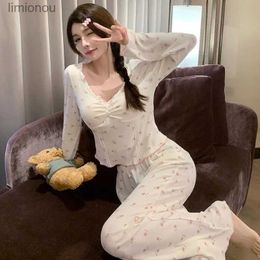 Women's Sleep Lounge Print Floral Sexy Sleepwear Women Cotton Pyjama Sets Long Sleeve Pants Kaii Clothes with Chest Pads Loungewear Korean PajamasL240122