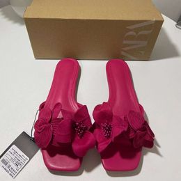 ZA2023 New Summer Red Rose Blossoms Wearing Flat Bottom Slippers Women's Head Versatile Fashion Single Shoes for Women