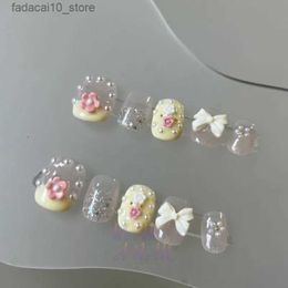 False Nails Handmade Reusable Gentle Fairy Designed Press on Nails Wearable Artificial Full Cover Pearl Bow Decoration Fake Nail For Girls Q240122