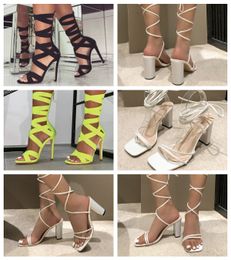 Designer Woman high-heeled sandals Fashion party office Dress Shoes Lace up shallow cut shoes Slingback Sandals Rubber Leather summer Ankle Slippers 36-43