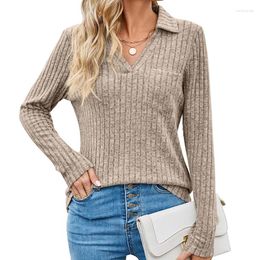 Women's Sweaters 2024 Autumn And Winter Pullover Lapel Pocket V-neck Solid Polo Shirt Long Sleeve Screw Thread T-shirt Fashion Tops