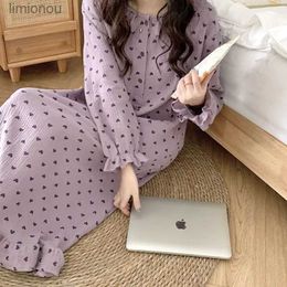 Women's Sleep Lounge Spring New Ladies Pyjamas Heart Printed Crepe Cotton Double-layer Gauze Ruffle Long-sleeve Home Dress Women Sweet LoungewearL240122