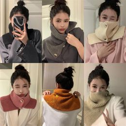 Women's Sweaters Korean Style Pullover Knitted Scarf For Women Girls Autumn Winter Button Patchwork Colors Scarves Lady Warm Neck Protection