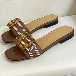 Slippers Women Summer 2024 Unique Bamboo Buckle Upper Design Square Head Open Toe Fashion Versatile Female Shoes