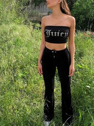 Women's Two Piece Pants Velvet Pants Set with Rhinestone Two Piece Strapless Top and Straight Pants y2k Crop Tube Top Summer juicy Sportswear for Wome T240122