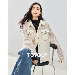 Women's Trench Coats Toyouth Women Denim Jacket 2024 Winter Long Sleeve Polo Neck Houndstooth Coat Fashion Casual Versatile Apricot Outwear