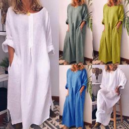Party Dresses Round Neck Kaftan Dress Cotton Linen Long Shirt For Women 2024 Casual Solid Colour Oversize Maxi