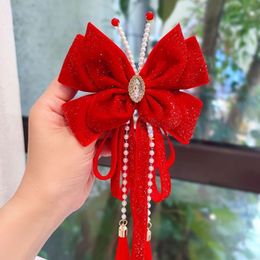 New Year's Accessories Children's Butterfly Red Head wear Bow Ribbon Tassel Hair Clip