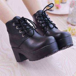 Women Boots New Large Ankle Short Thick Heel Martin Muffin Lace Soled Womens High Single 07091011
